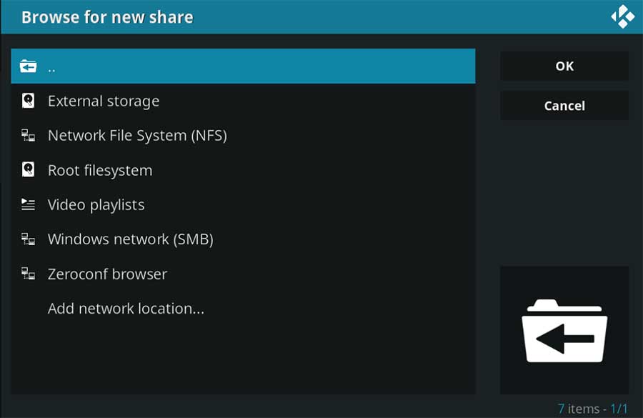 Kodi browse for new share