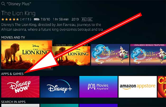 Go to apps and games section on Fire TV disney app search