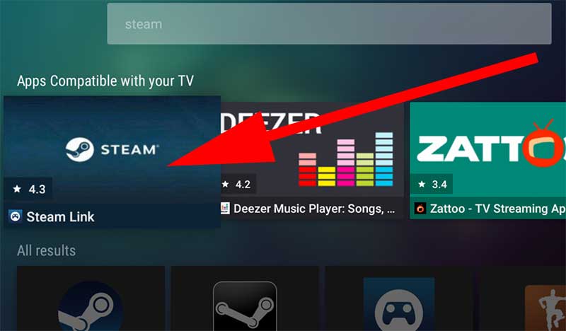 Select Steam Link from Search results Android TV