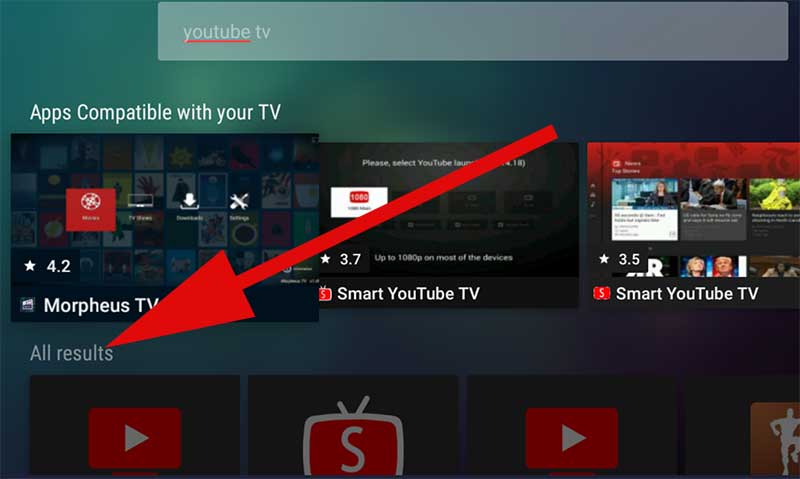 YouTube TV scroll down on Aptoide TV