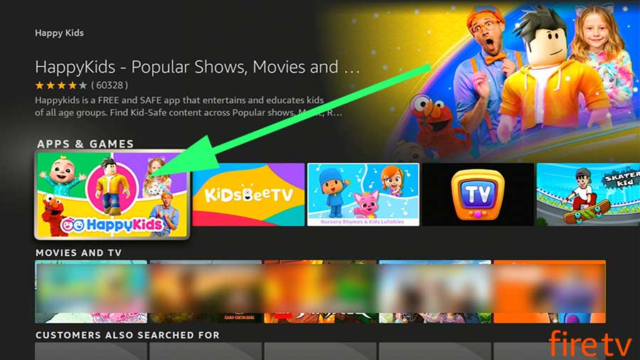 Find and select Happykids app from search results Fire TV