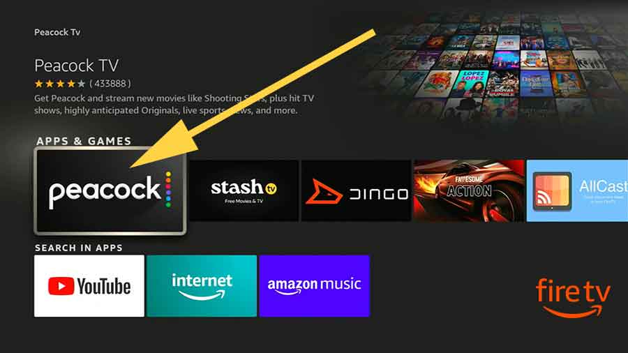 Select peacock app from search results of Fire TV