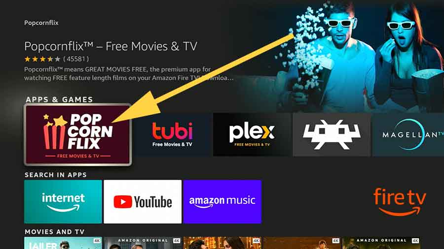 Select Popcornflix app from search results of Fire TV