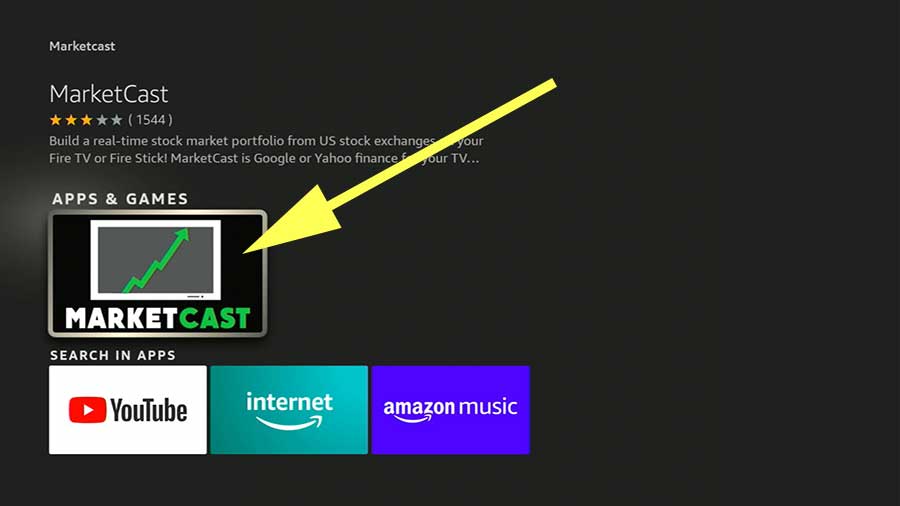 Select Marketcast app from search results of Firestick