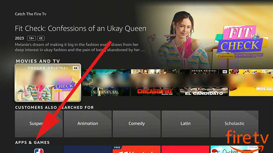 scroll to apps and games section, fire tv