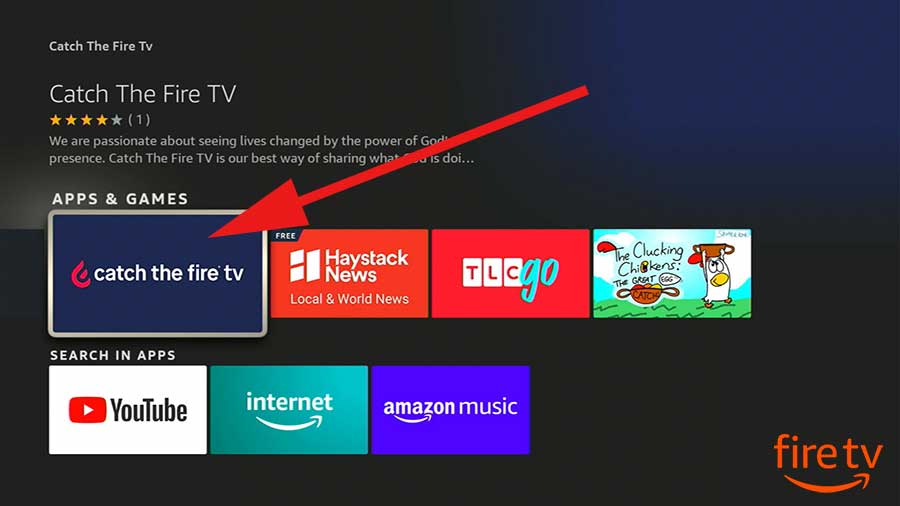Select Catch the Fire TV from Search results, Fire TV