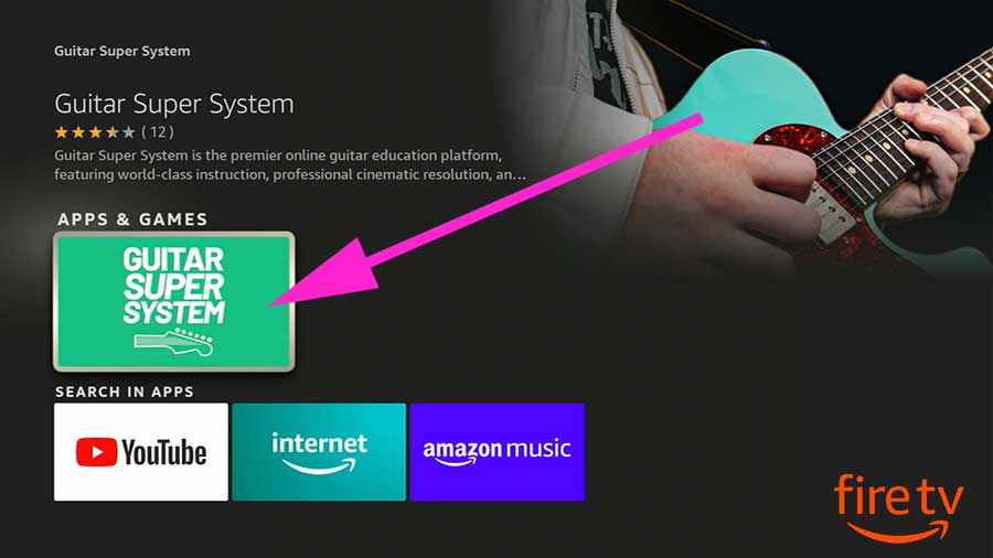 Select Guitar learning app from search results, Fire tv