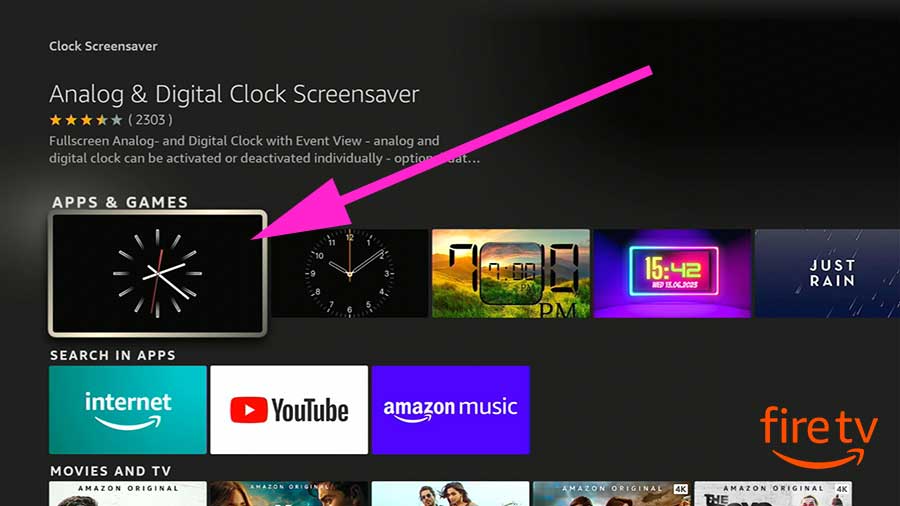 Select Clock screensaver from search results