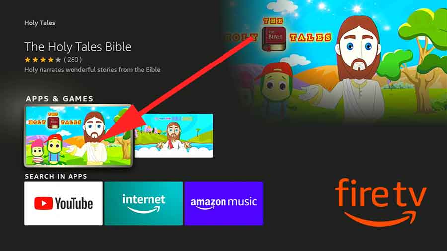 Select holy tales bible app from search results of Fire TV