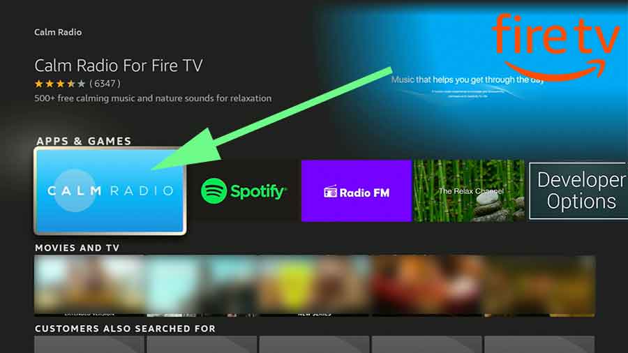 Select calm radio app from search results of fire tv