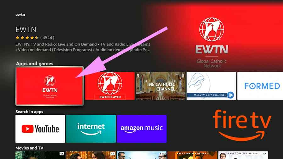Select EWTN from search results - Fire TV