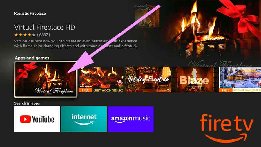 Select Fireplace app from search results - fire TV