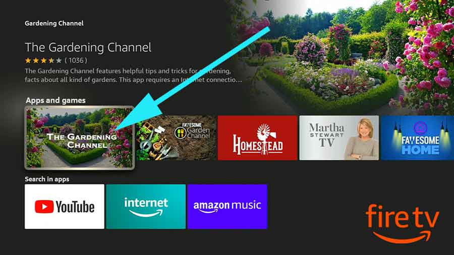 Select Gardening Channel app from search results - fire TV