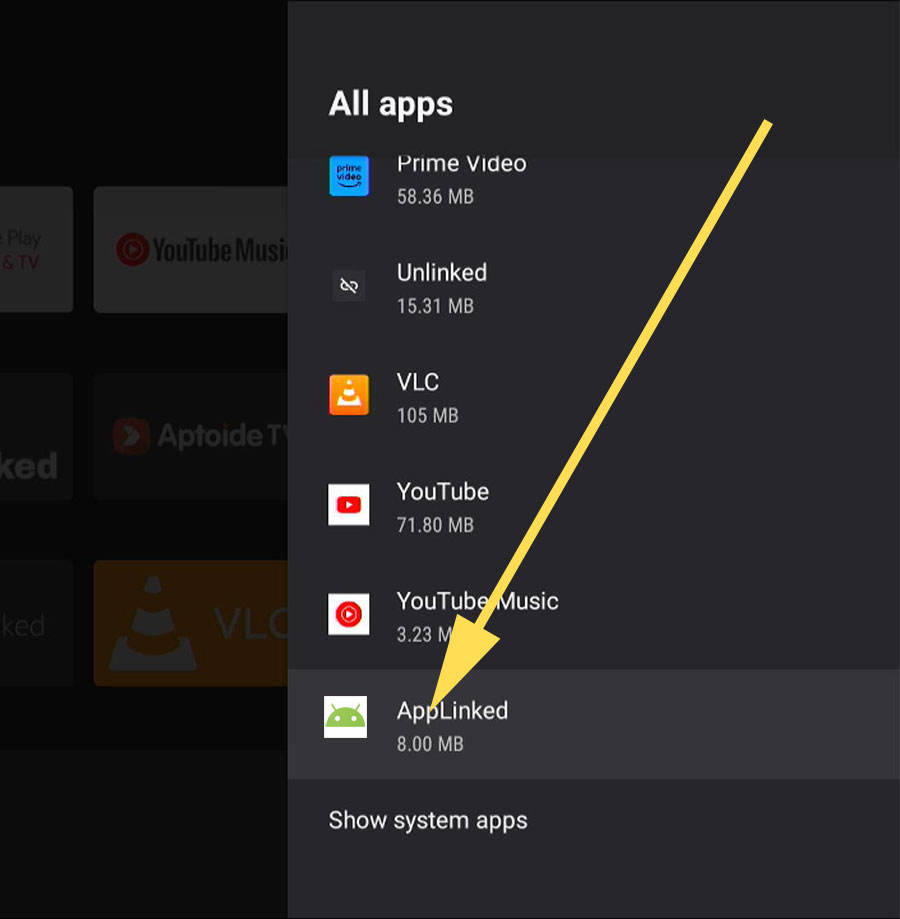 select applinked app from the app list (android TV ,Google TV)
